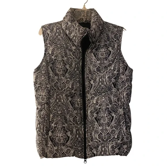 Talbots Black White Paisley Down Fill Puffer Vest Petite Small SP VN4926 - Picture 2 of 12